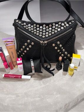 Studded Black Leather Crossbody Bag - Women
